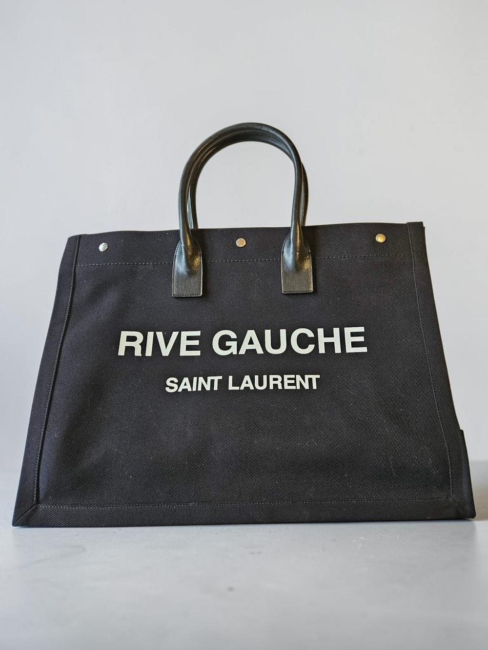 Saint Laurent Black Rive Gauche Canvas Tote with White Logo